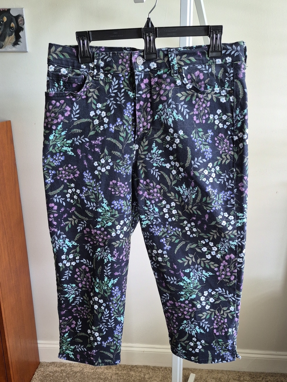 Gloria Vanderbilt Womens Floral Capris - Black w/ Teal & Purple Accents Size 12